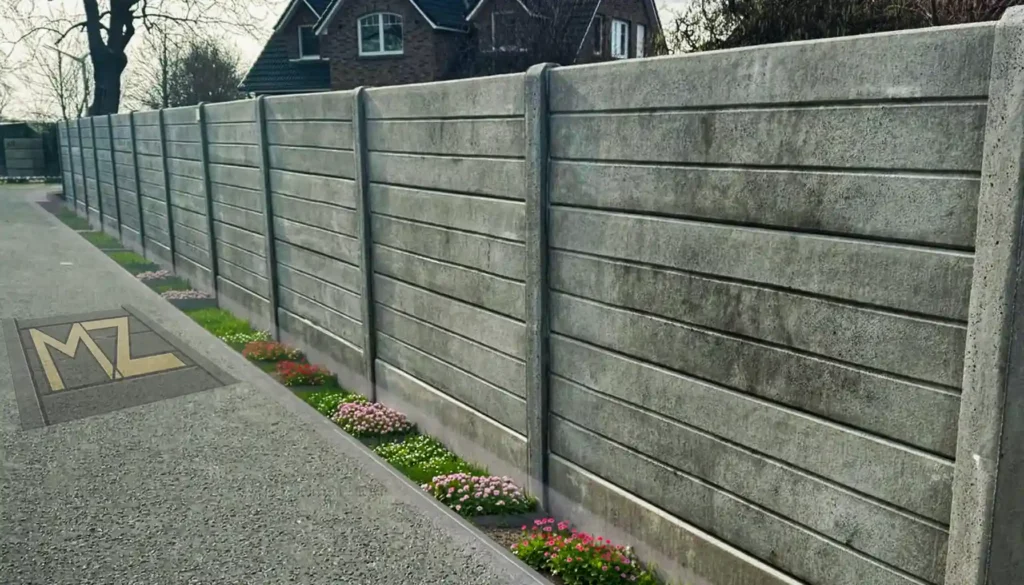 Betonzaun Hamburg – einseitig, Horizontalprofil, grau, montiert vor Klinkerhaus
